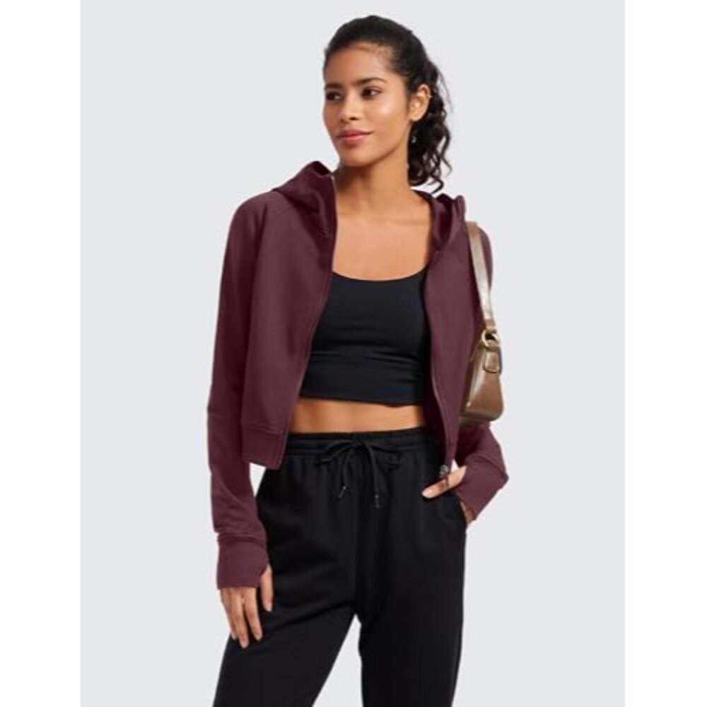 CRZ YOGA Women's Fleece Lined Zip Up Cropped Hoodie - Long Sleeve with Thumbhole - Picture 3 of 5